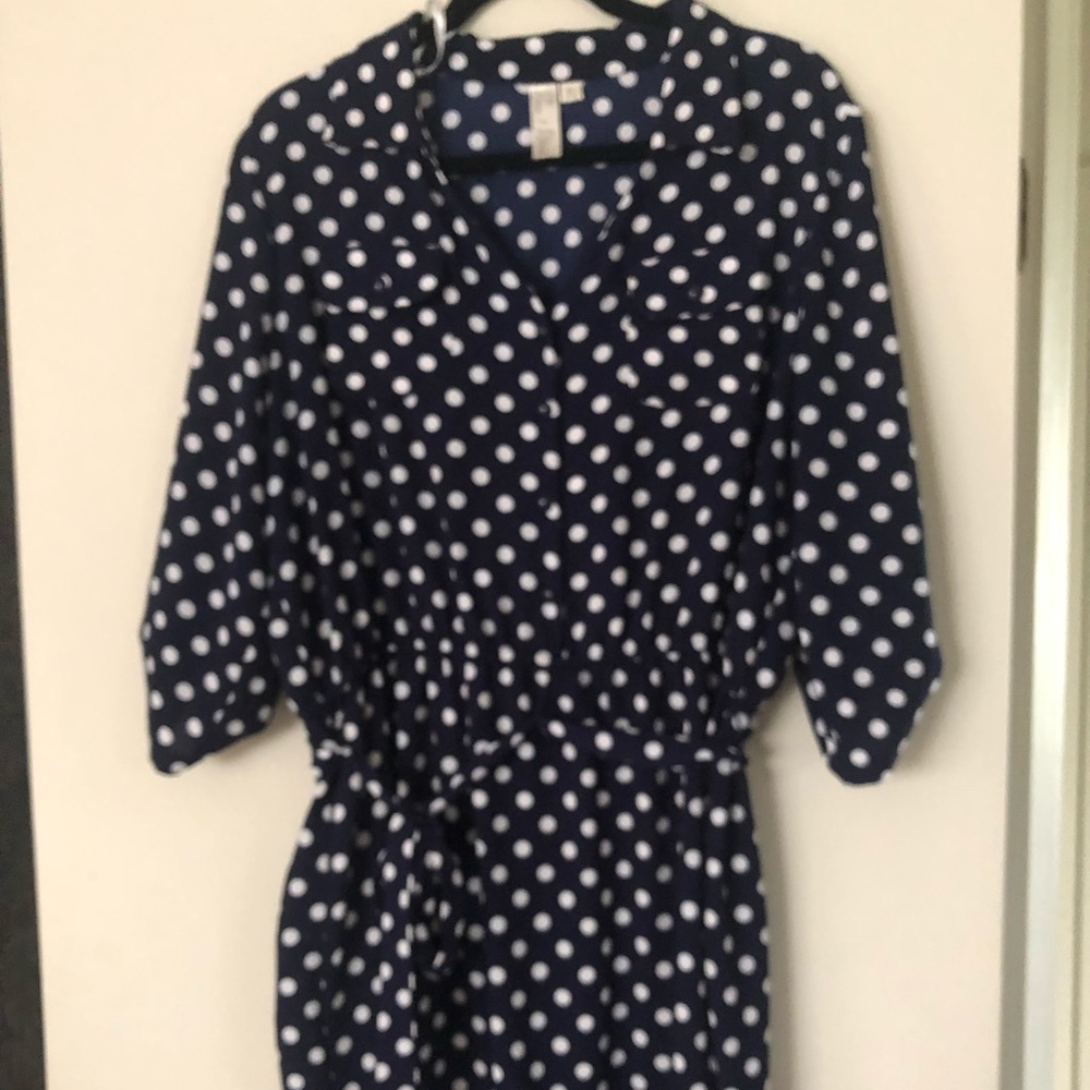 Navy and cream polka dot dress.